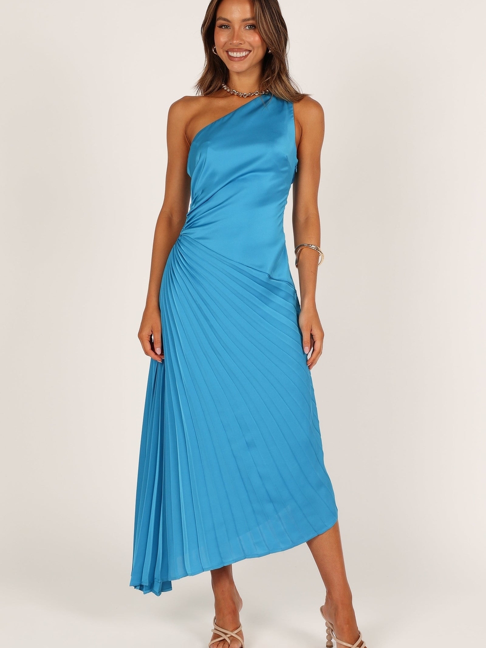 Asymmetrical One-Shoulder Pleated Maxi Dress in Bright Teal